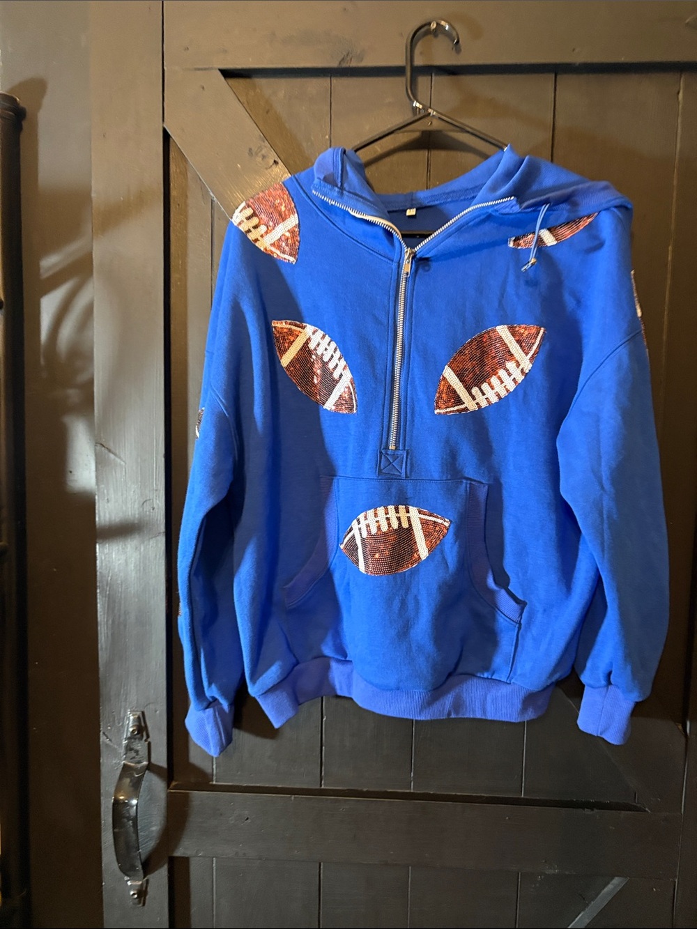Royal Blue Sequin Football Half‑Zip Hoodie